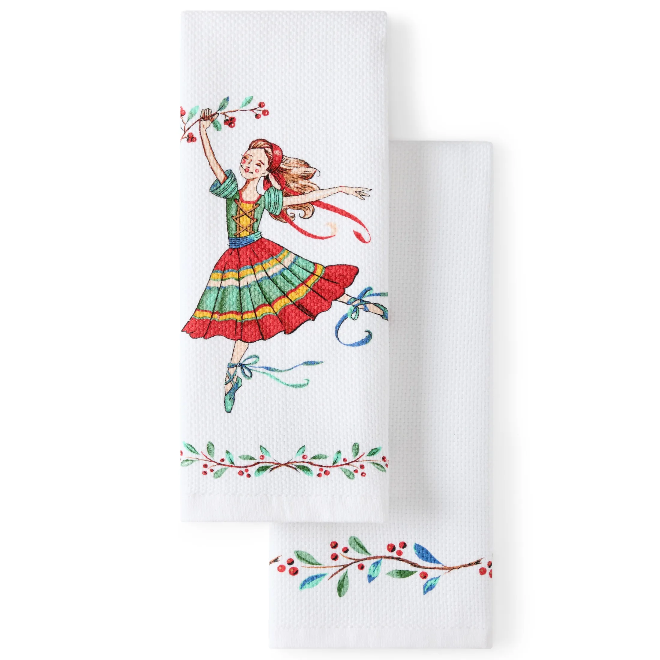 Nutcracker Ballerina Holiday Holly Sprig Kitchen Towel Set