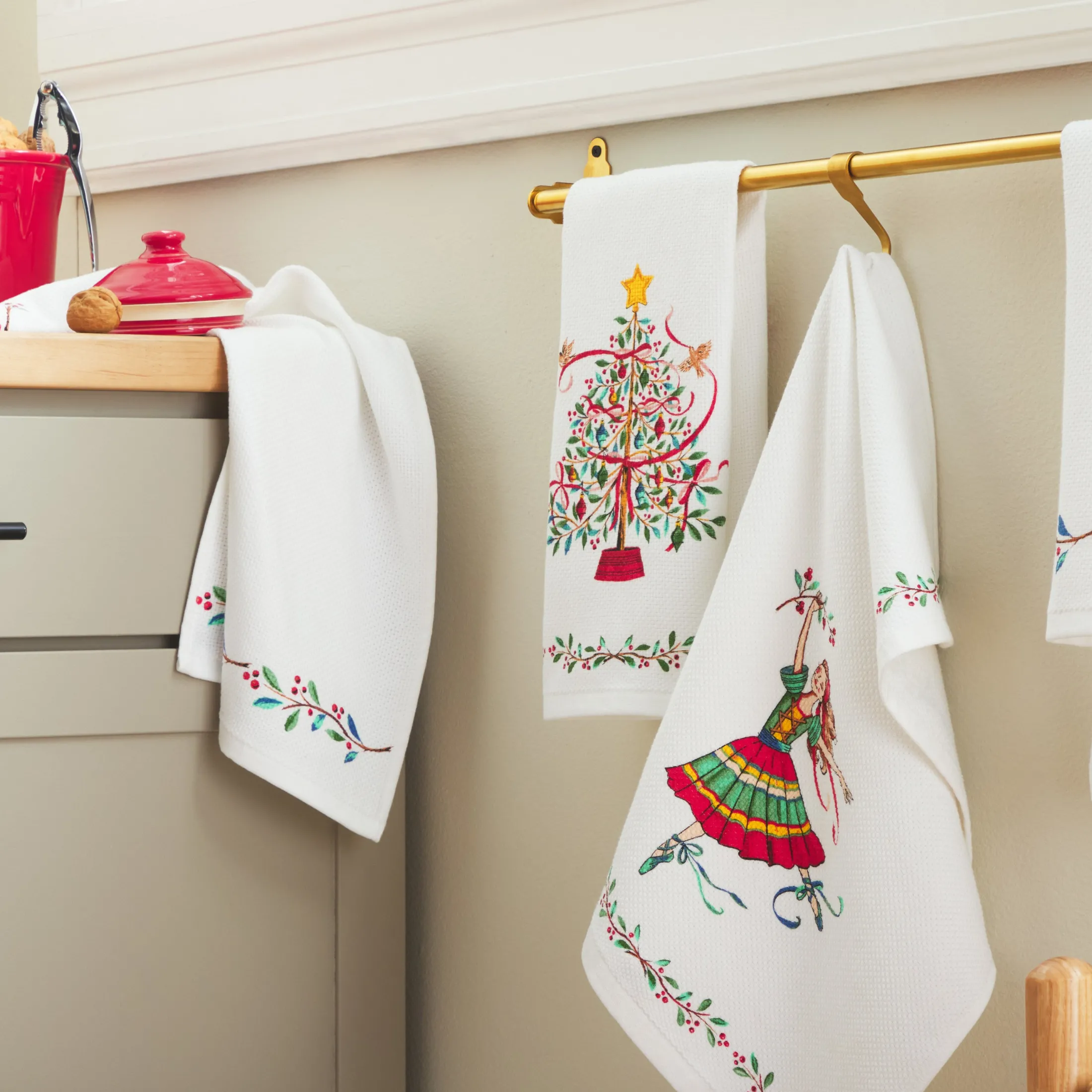 Nutcracker Ballerina Holiday Holly Sprig Kitchen Towel Set